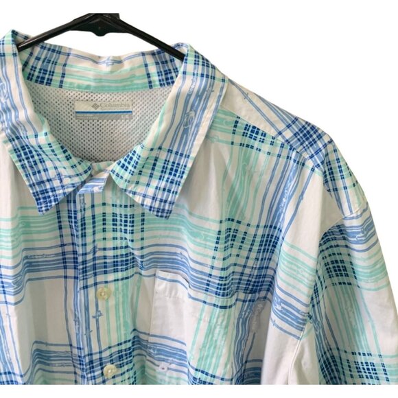 Columbia Mens Size Large Button Up Short Sleeve Blue Plaid Vented PFG Shirt Top - Picture 3 of 4